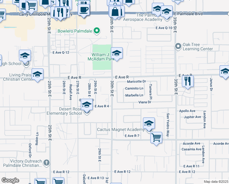 map of restaurants, bars, coffee shops, grocery stores, and more near 37837 San Carlos Way in Palmdale