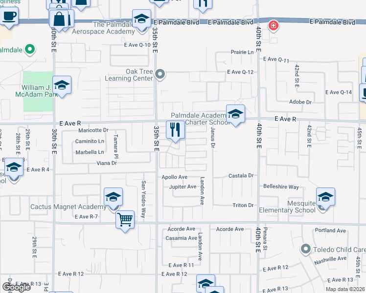 map of restaurants, bars, coffee shops, grocery stores, and more near 3524 East Avenue Road in Palmdale