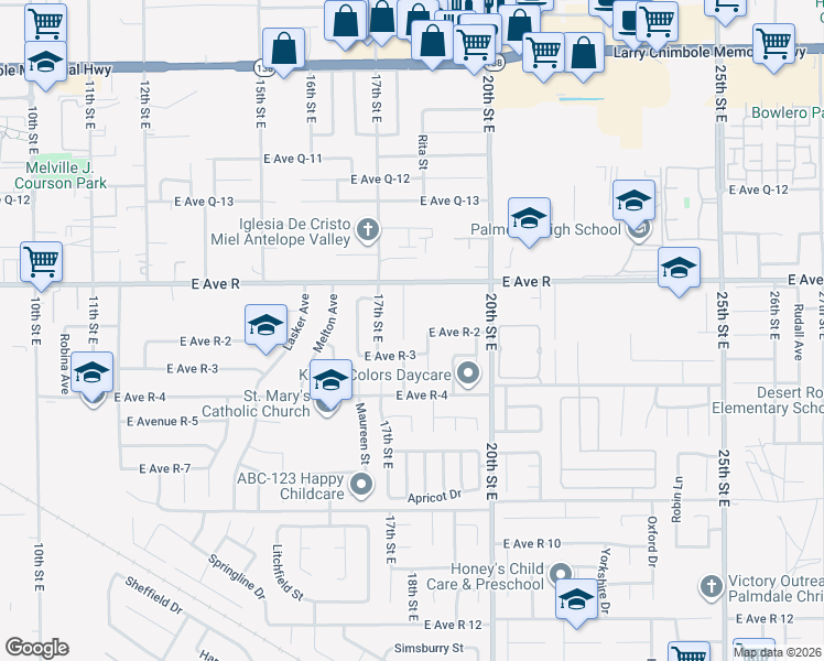 map of restaurants, bars, coffee shops, grocery stores, and more near 1745 East Avenue R-3 in Palmdale