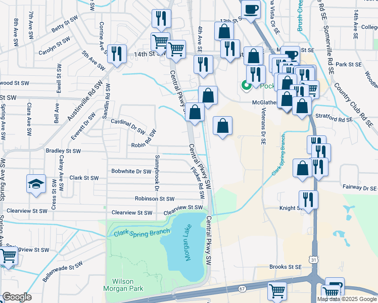 map of restaurants, bars, coffee shops, grocery stores, and more near 201 Blue Bird Lane Southwest in Decatur