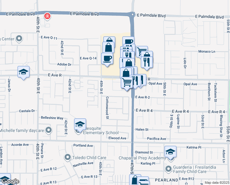 map of restaurants, bars, coffee shops, grocery stores, and more near 4554 Moonraker Road in Palmdale