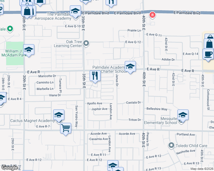 map of restaurants, bars, coffee shops, grocery stores, and more near 3524 East Avenue Road in Palmdale