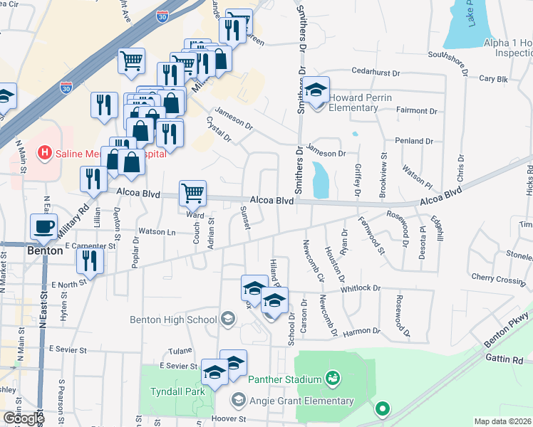 map of restaurants, bars, coffee shops, grocery stores, and more near 701 Oakwood in Benton