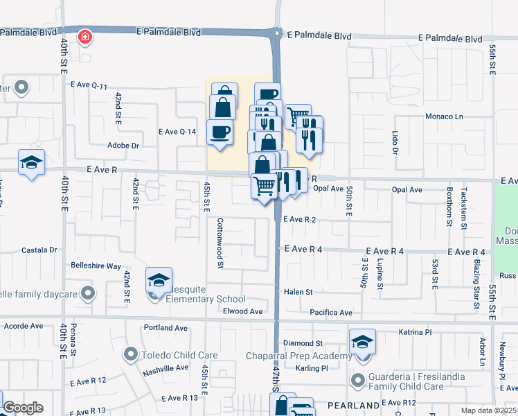 map of restaurants, bars, coffee shops, grocery stores, and more near 4622 Moonraker Road in Palmdale
