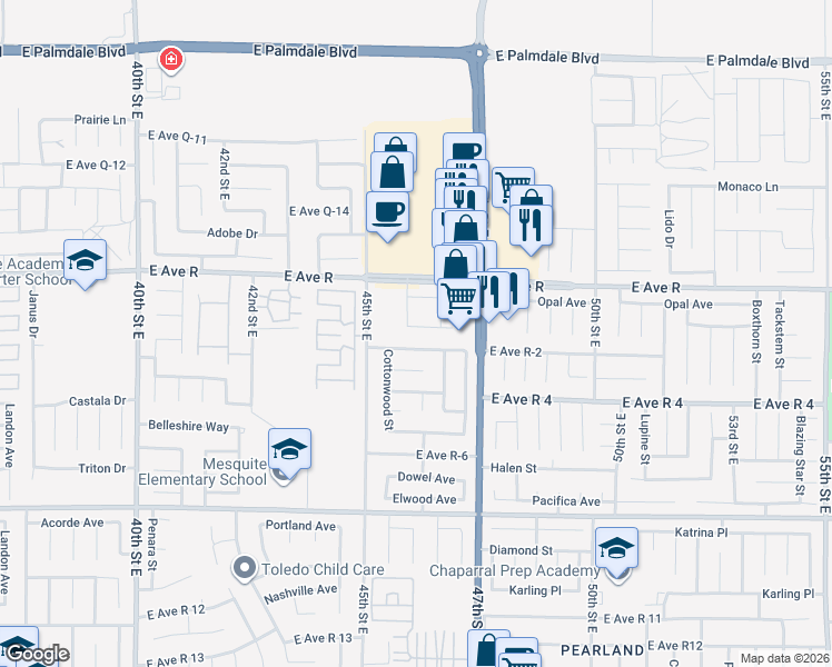 map of restaurants, bars, coffee shops, grocery stores, and more near 4570 Wrightwood Way in Palmdale