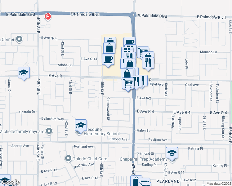 map of restaurants, bars, coffee shops, grocery stores, and more near 4554 Moonraker Road in Palmdale