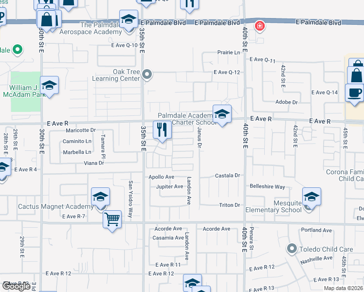 map of restaurants, bars, coffee shops, grocery stores, and more near 3524 East Avenue Road in Palmdale