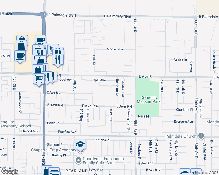 map of restaurants, bars, coffee shops, grocery stores, and more near 37913 53rd Street East in Palmdale