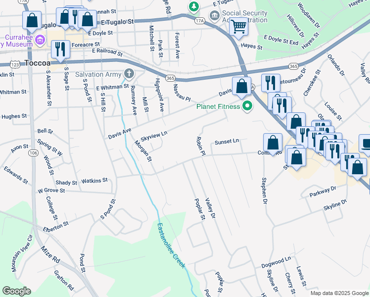 map of restaurants, bars, coffee shops, grocery stores, and more near 393 Collins Road in Toccoa
