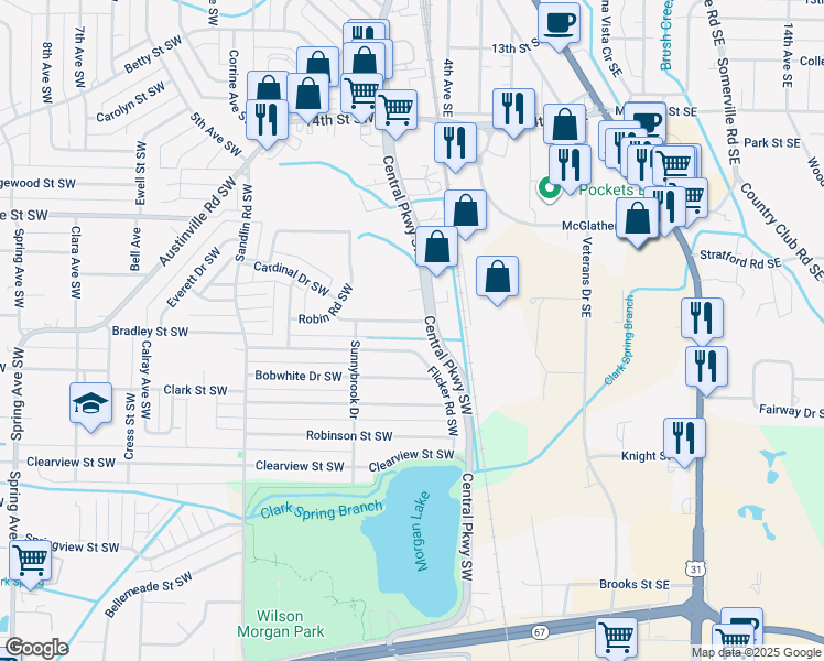 map of restaurants, bars, coffee shops, grocery stores, and more near 205 Larkwood Drive Southwest in Decatur