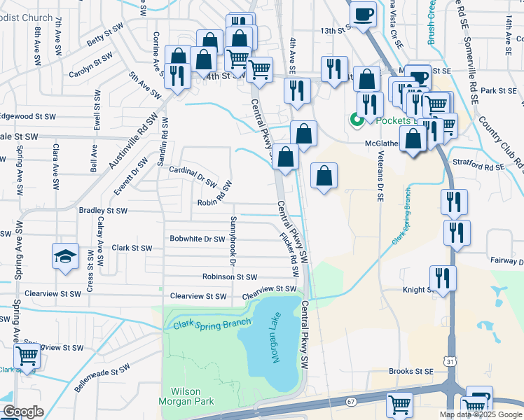 map of restaurants, bars, coffee shops, grocery stores, and more near 205 Larkwood Drive Southwest in Decatur