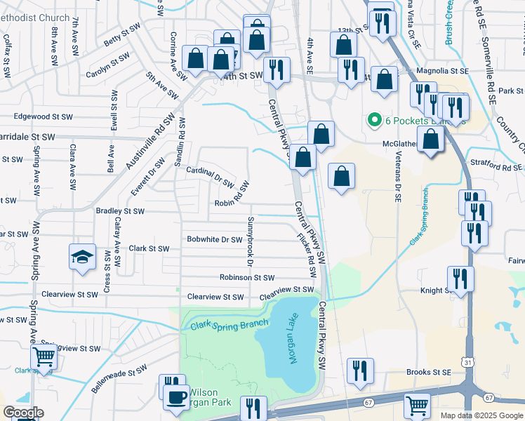 map of restaurants, bars, coffee shops, grocery stores, and more near 223 Larkwood Drive Southwest in Decatur
