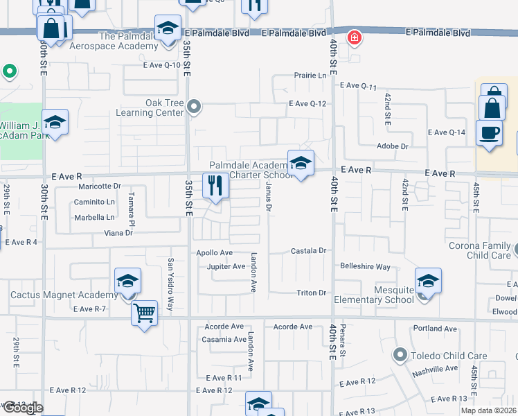 map of restaurants, bars, coffee shops, grocery stores, and more near 3524 East Avenue Road in Palmdale