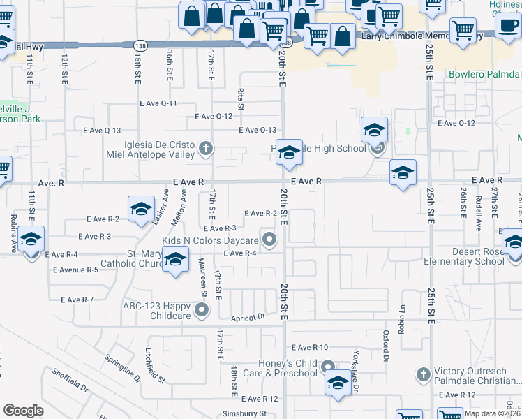 map of restaurants, bars, coffee shops, grocery stores, and more near East Avenue R-2 in Sun Village