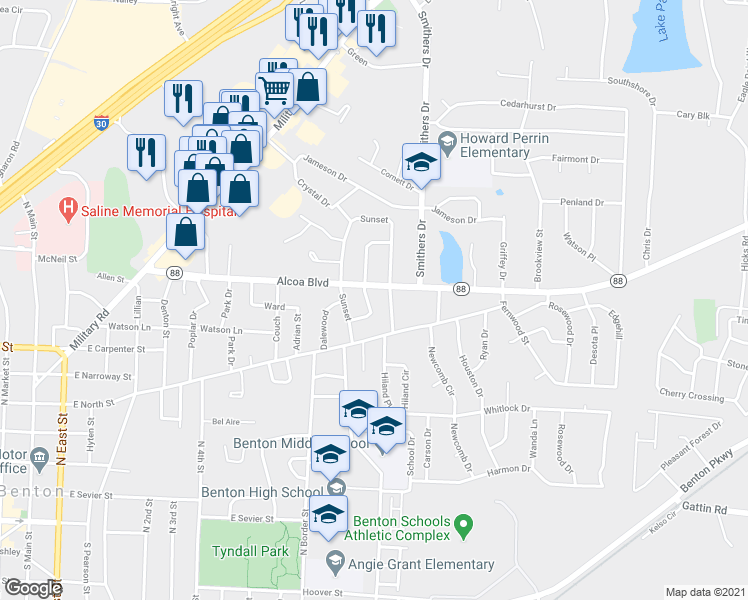 map of restaurants, bars, coffee shops, grocery stores, and more near 902 Oakwood in Benton