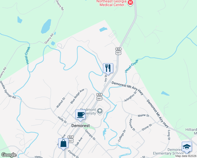 map of restaurants, bars, coffee shops, grocery stores, and more near 151 Ivy Street in Demorest