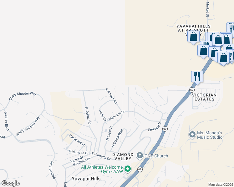 map of restaurants, bars, coffee shops, grocery stores, and more near 1919 Coral Drive in Prescott