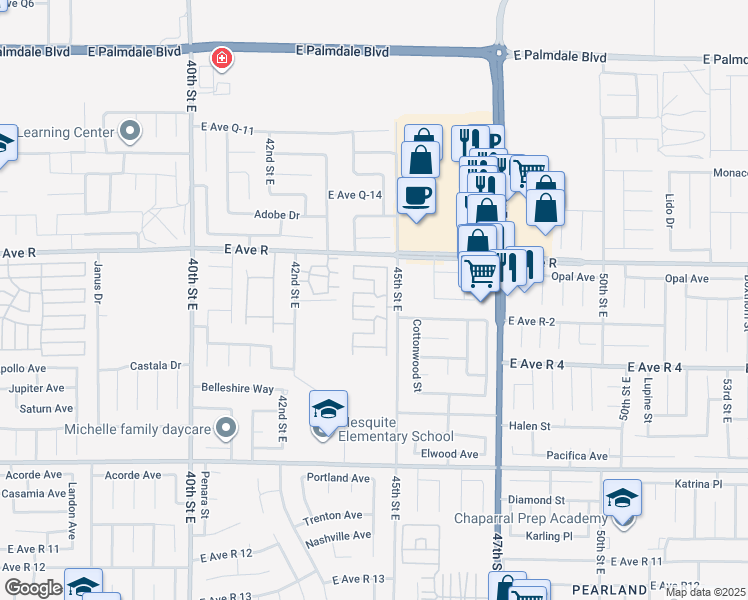map of restaurants, bars, coffee shops, grocery stores, and more near 4444 East Avenue R in Palmdale