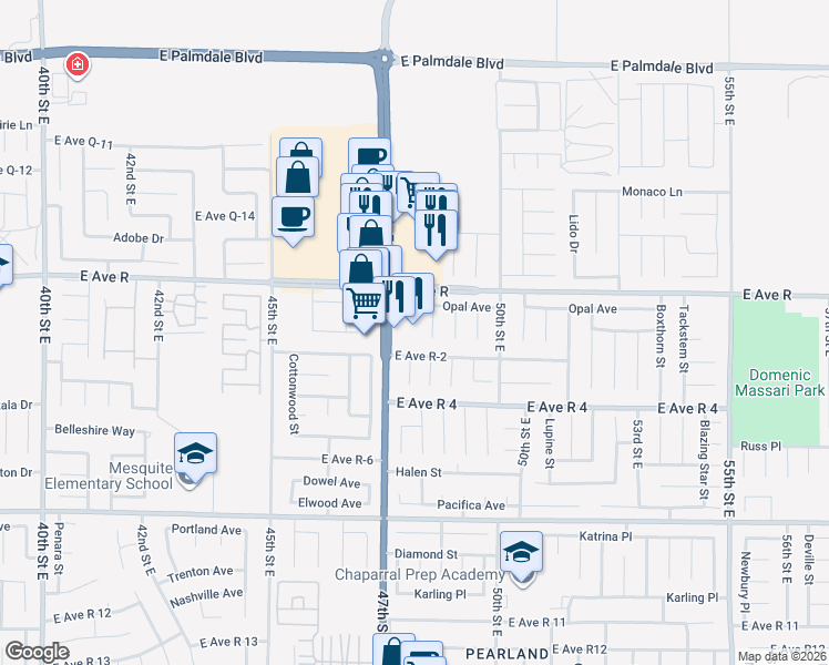 map of restaurants, bars, coffee shops, grocery stores, and more near 37926 47th Street East in Palmdale