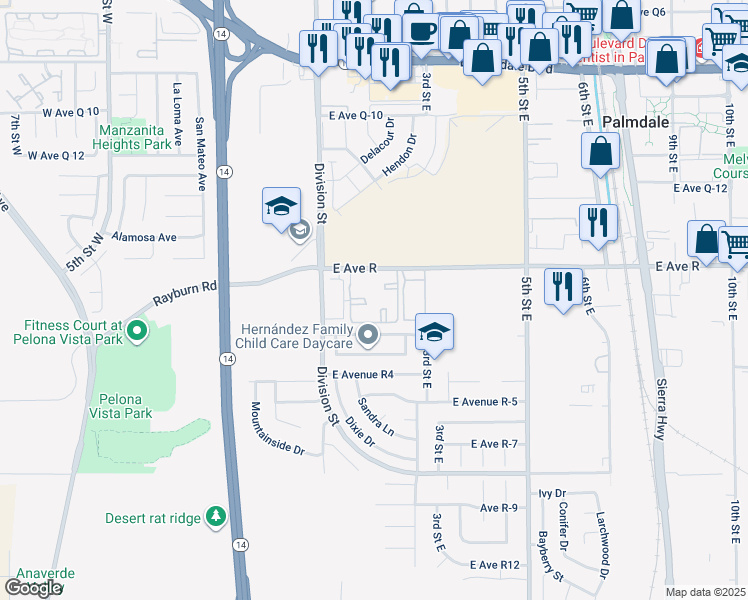map of restaurants, bars, coffee shops, grocery stores, and more near 238 East Avenue R in Palmdale