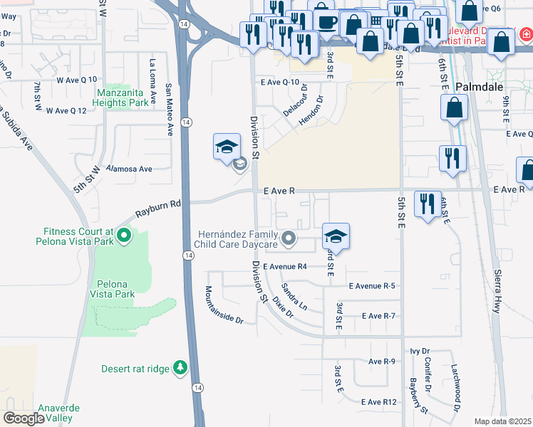 map of restaurants, bars, coffee shops, grocery stores, and more near 200 Ridgeview Circle in Palmdale
