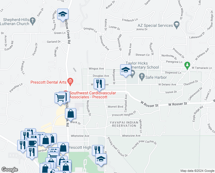 map of restaurants, bars, coffee shops, grocery stores, and more near 645 West Delano Avenue in Prescott