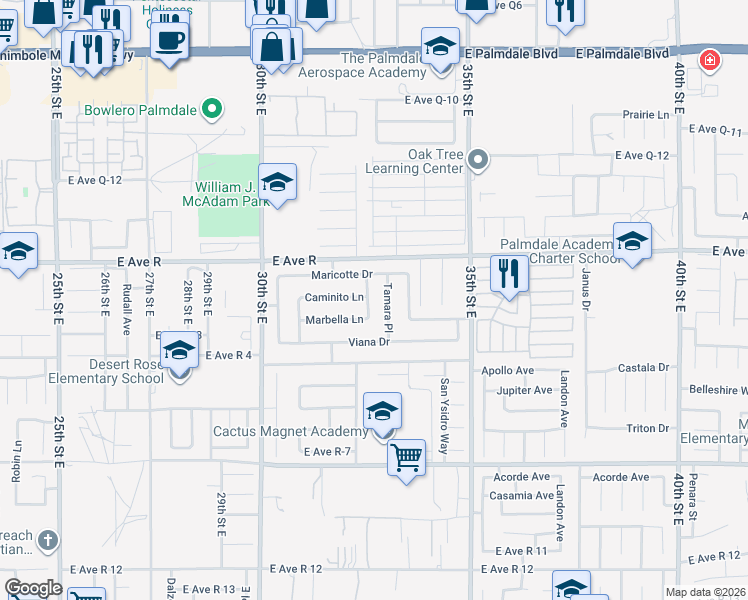 map of restaurants, bars, coffee shops, grocery stores, and more near 37931 Tamara Place in Palmdale