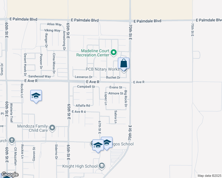 map of restaurants, bars, coffee shops, grocery stores, and more near 6810 Evans Street in Palmdale