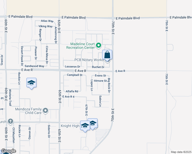 map of restaurants, bars, coffee shops, grocery stores, and more near 6810 Evans Street in Palmdale
