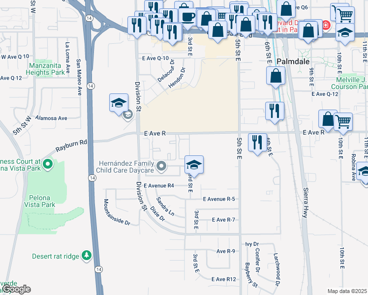 map of restaurants, bars, coffee shops, grocery stores, and more near 250 East Avenue R in Palmdale
