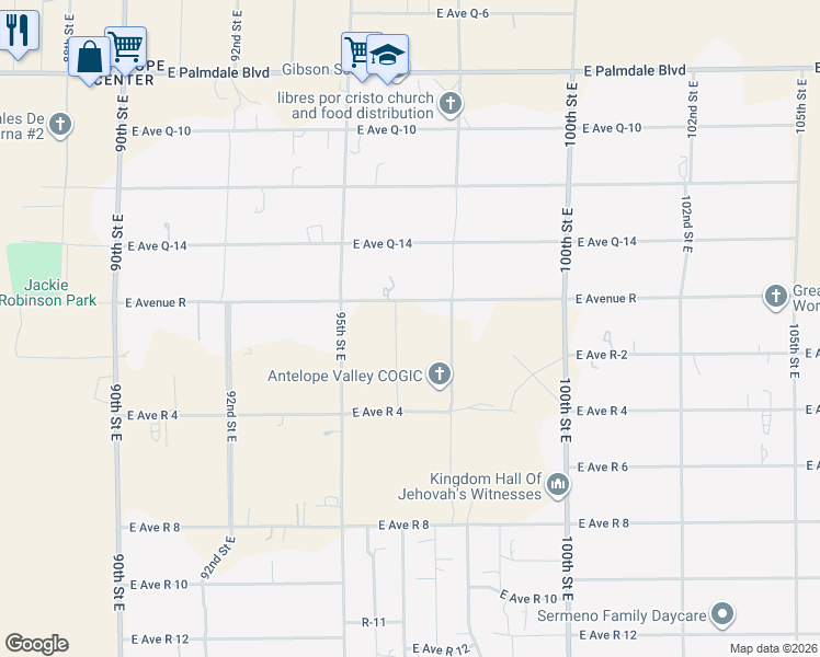 map of restaurants, bars, coffee shops, grocery stores, and more near 9629 East Avenue R in Littlerock