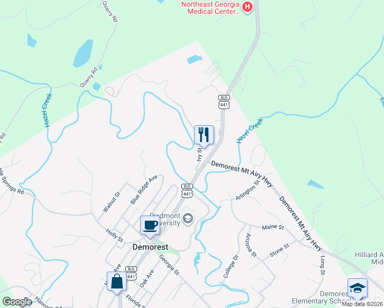 map of restaurants, bars, coffee shops, grocery stores, and more near 151 Ivy Street in Demorest