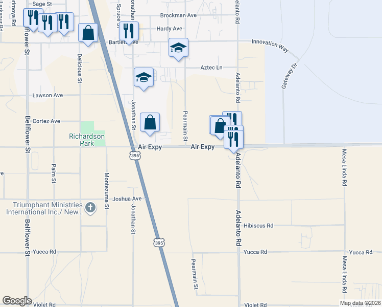 map of restaurants, bars, coffee shops, grocery stores, and more near in Adelanto