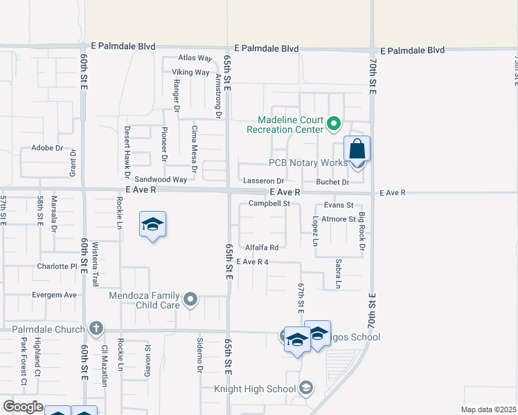 map of restaurants, bars, coffee shops, grocery stores, and more near 6550 Campbell Street in Palmdale
