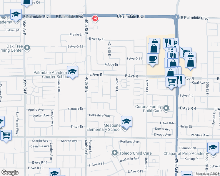 map of restaurants, bars, coffee shops, grocery stores, and more near 4160 East Avenue R in Palmdale