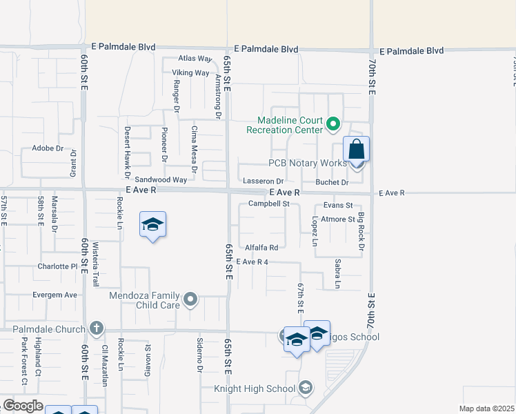 map of restaurants, bars, coffee shops, grocery stores, and more near 6550 Campbell Street in Palmdale