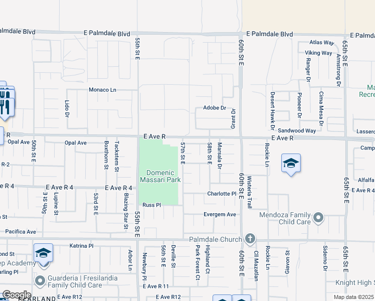 map of restaurants, bars, coffee shops, grocery stores, and more near 5709 Madrid Court in Palmdale