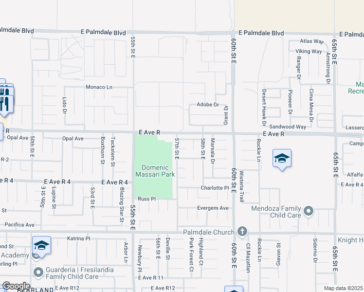 map of restaurants, bars, coffee shops, grocery stores, and more near 5709 Madrid Court in Palmdale