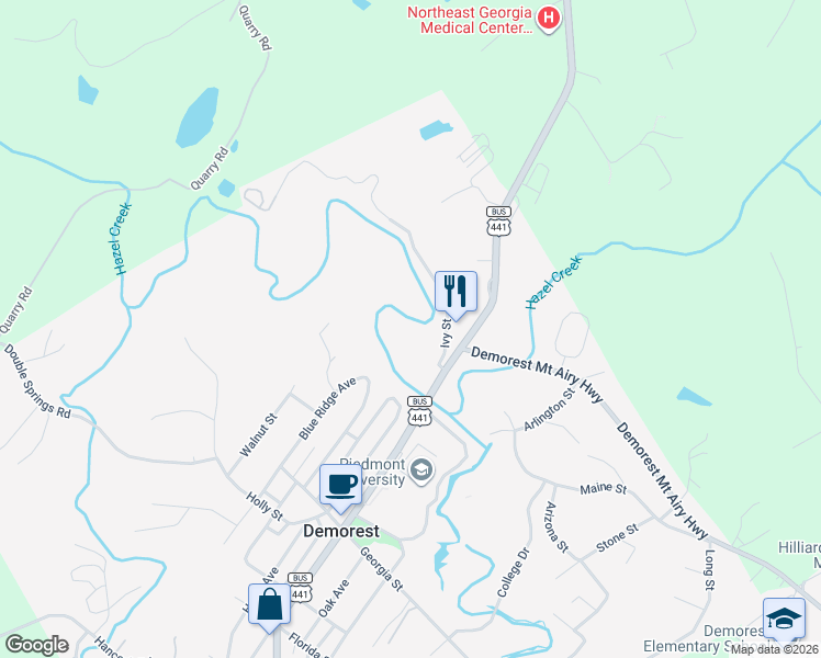 map of restaurants, bars, coffee shops, grocery stores, and more near 151 Ivy Street in Demorest
