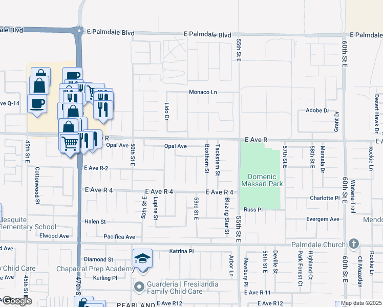 map of restaurants, bars, coffee shops, grocery stores, and more near 5302 Opal Avenue in Palmdale