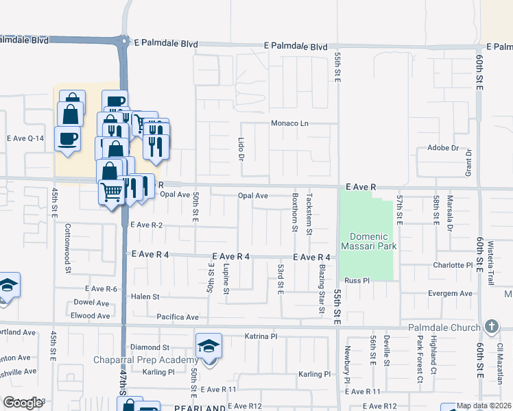 map of restaurants, bars, coffee shops, grocery stores, and more near 5147 Moonraker Road in Palmdale