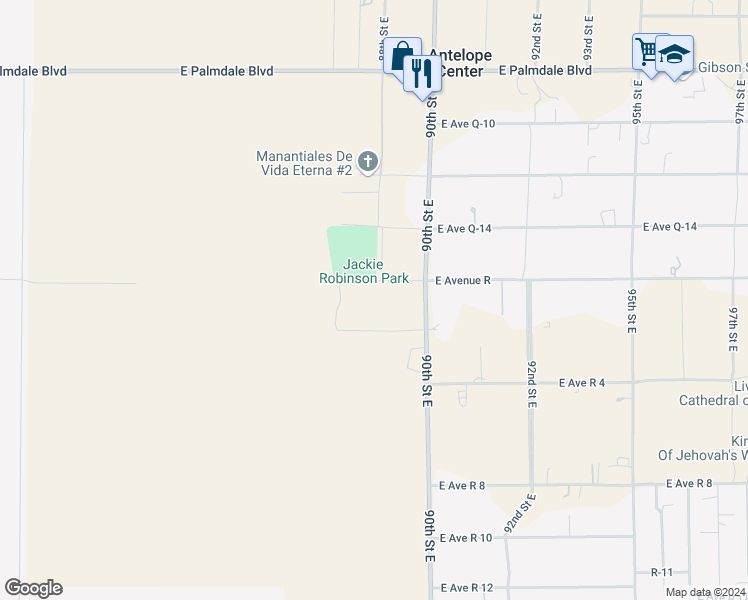map of restaurants, bars, coffee shops, grocery stores, and more near 90th Street East in Los Angeles County