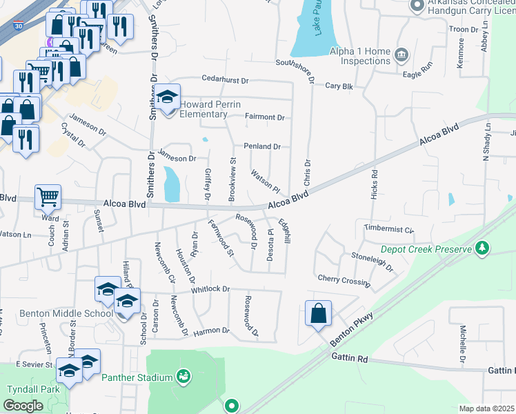map of restaurants, bars, coffee shops, grocery stores, and more near 1912 Alcoa Boulevard in Benton
