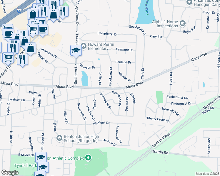 map of restaurants, bars, coffee shops, grocery stores, and more near 801 Brookview Street in Benton