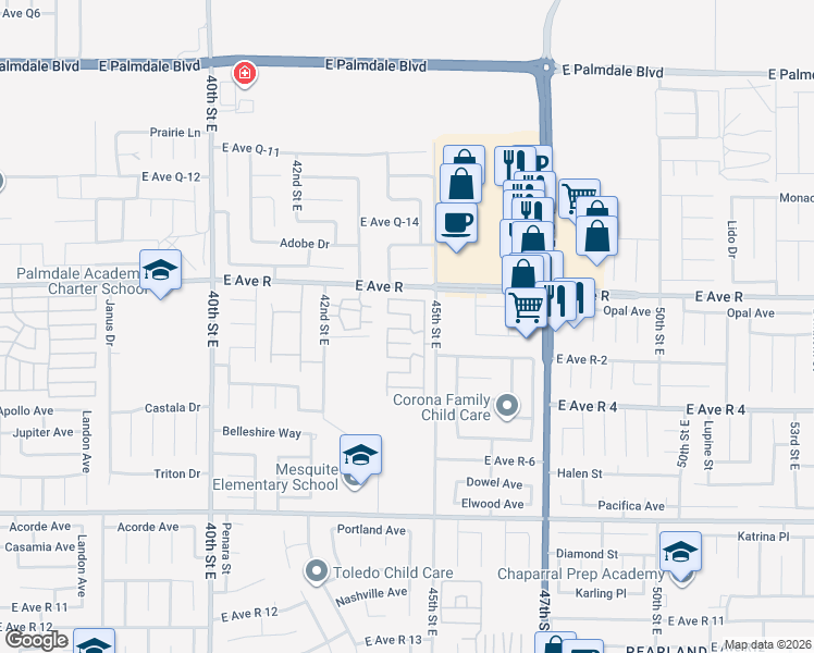 map of restaurants, bars, coffee shops, grocery stores, and more near 4444 East Avenue R in Palmdale