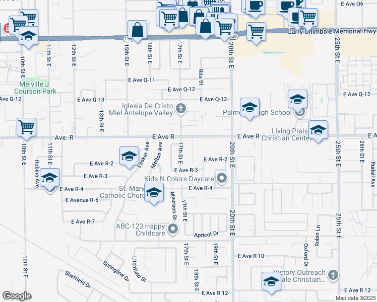 map of restaurants, bars, coffee shops, grocery stores, and more near 37933 Rosemarie Street in Palmdale