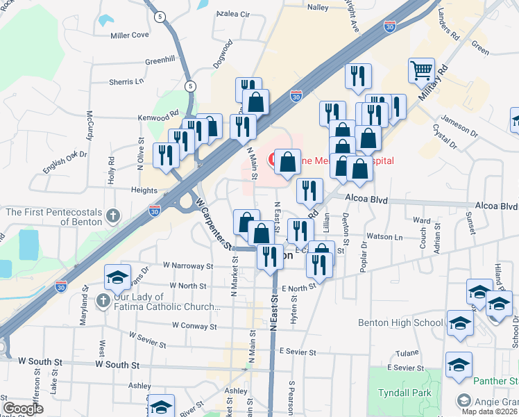 map of restaurants, bars, coffee shops, grocery stores, and more near 825 North Main Street in Benton