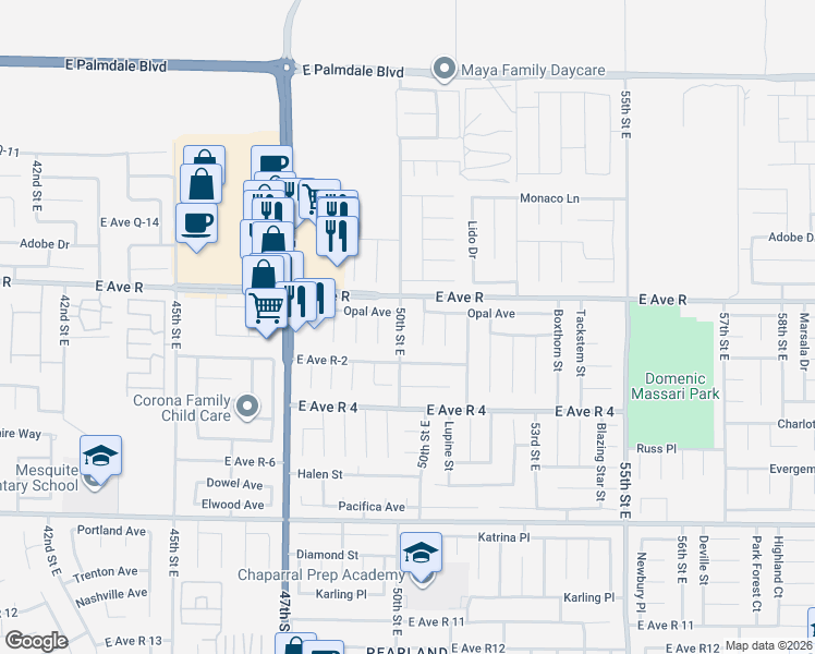 map of restaurants, bars, coffee shops, grocery stores, and more near 4914 Opal Avenue in Palmdale