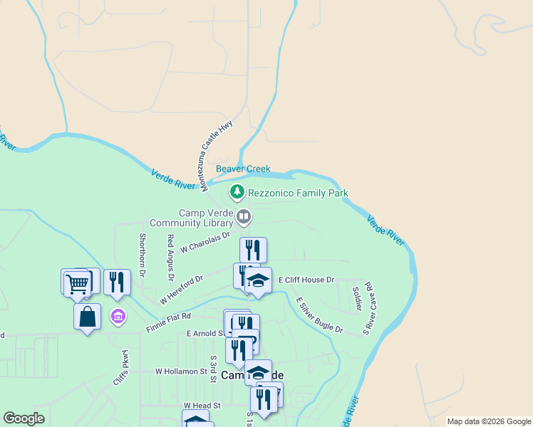 map of restaurants, bars, coffee shops, grocery stores, and more near 67 East Goddard Lane in Camp Verde