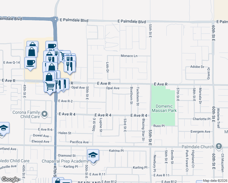 map of restaurants, bars, coffee shops, grocery stores, and more near 5160 Opal Avenue in Palmdale